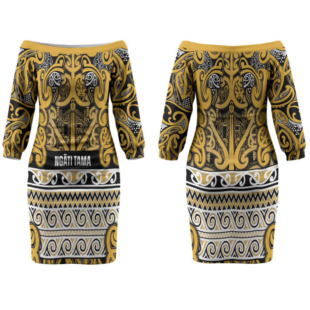 Aotearoa Iwi Ngāti Tama ki Te Waipounamu Trust Couples Matching Off The Shoulder Long Sleeve Dress and Long Sleeve Button Shirt Maori Wharenui House Tribal Pattern LT9 - Polynesian Pride