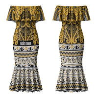 Aotearoa Iwi Ngāti Tama ki Te Waipounamu Trust Family Matching Mermaid Dress and Hawaiian Shirt Maori Wharenui House Tribal Pattern LT9 Mom's Dress Gold - Polynesian Pride