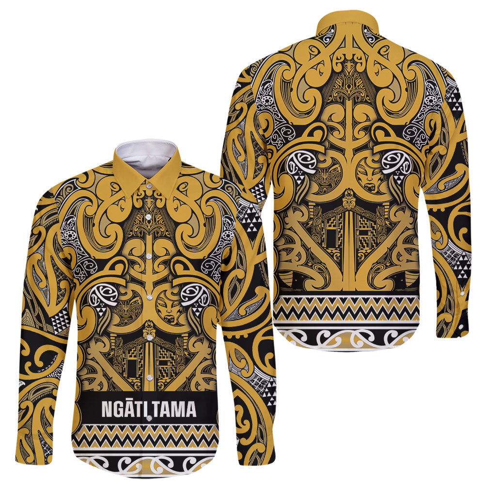 Aotearoa Iwi Ngāti Tama ki Te Waipounamu Trust Family Matching Mermaid Dress and Hawaiian Shirt Maori Wharenui House Tribal Pattern LT9 Dad's Shirt - Long Sleeve Gold - Polynesian Pride