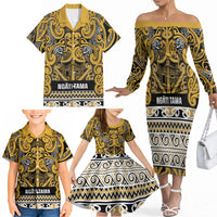 Aotearoa Iwi Ngāti Tama ki Te Waipounamu Trust Family Matching Off The Shoulder Long Sleeve Dress and Hawaiian Shirt Maori Wharenui House Tribal Pattern LT9 - Polynesian Pride