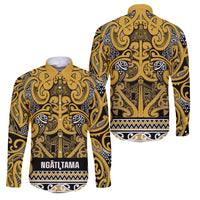 Aotearoa Iwi Ngāti Tama ki Te Waipounamu Trust Family Matching Off The Shoulder Long Sleeve Dress and Hawaiian Shirt Maori Wharenui House Tribal Pattern LT9 Dad's Shirt - Long Sleeve Gold - Polynesian Pride