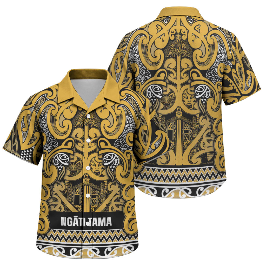 Aotearoa Iwi Ngāti Tama ki Te Waipounamu Trust Family Matching Off Shoulder Maxi Dress and Hawaiian Shirt Maori Wharenui House Tribal Pattern LT9 Son's Shirt Gold - Polynesian Pride