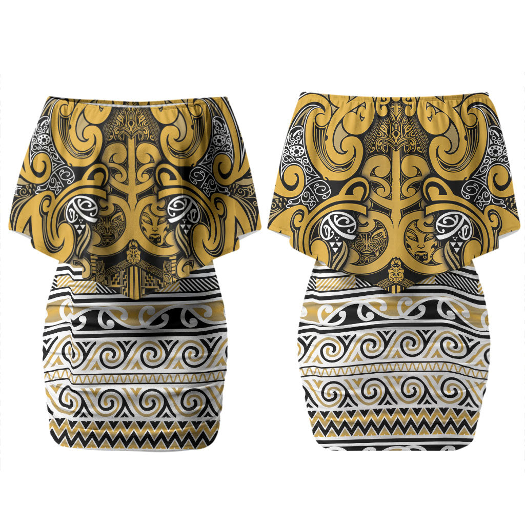 Aotearoa Iwi Ngāti Tama ki Te Waipounamu Trust Family Matching Off Shoulder Short Dress and Hawaiian Shirt Maori Wharenui House Tribal Pattern LT9 Mom's Dress Gold - Polynesian Pride