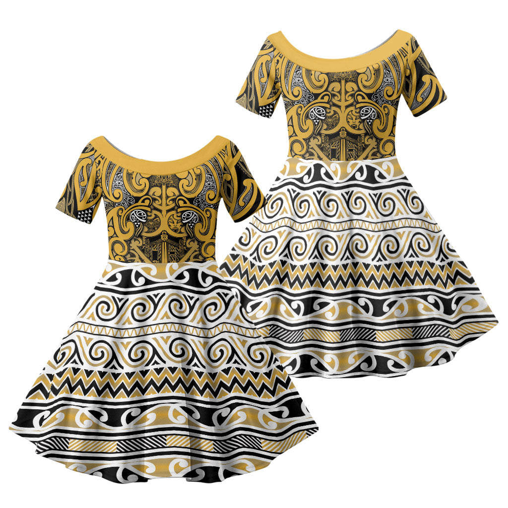 Aotearoa Iwi Ngāti Tama ki Te Waipounamu Trust Family Matching Off Shoulder Short Dress and Hawaiian Shirt Maori Wharenui House Tribal Pattern LT9 Daughter's Dress Gold - Polynesian Pride