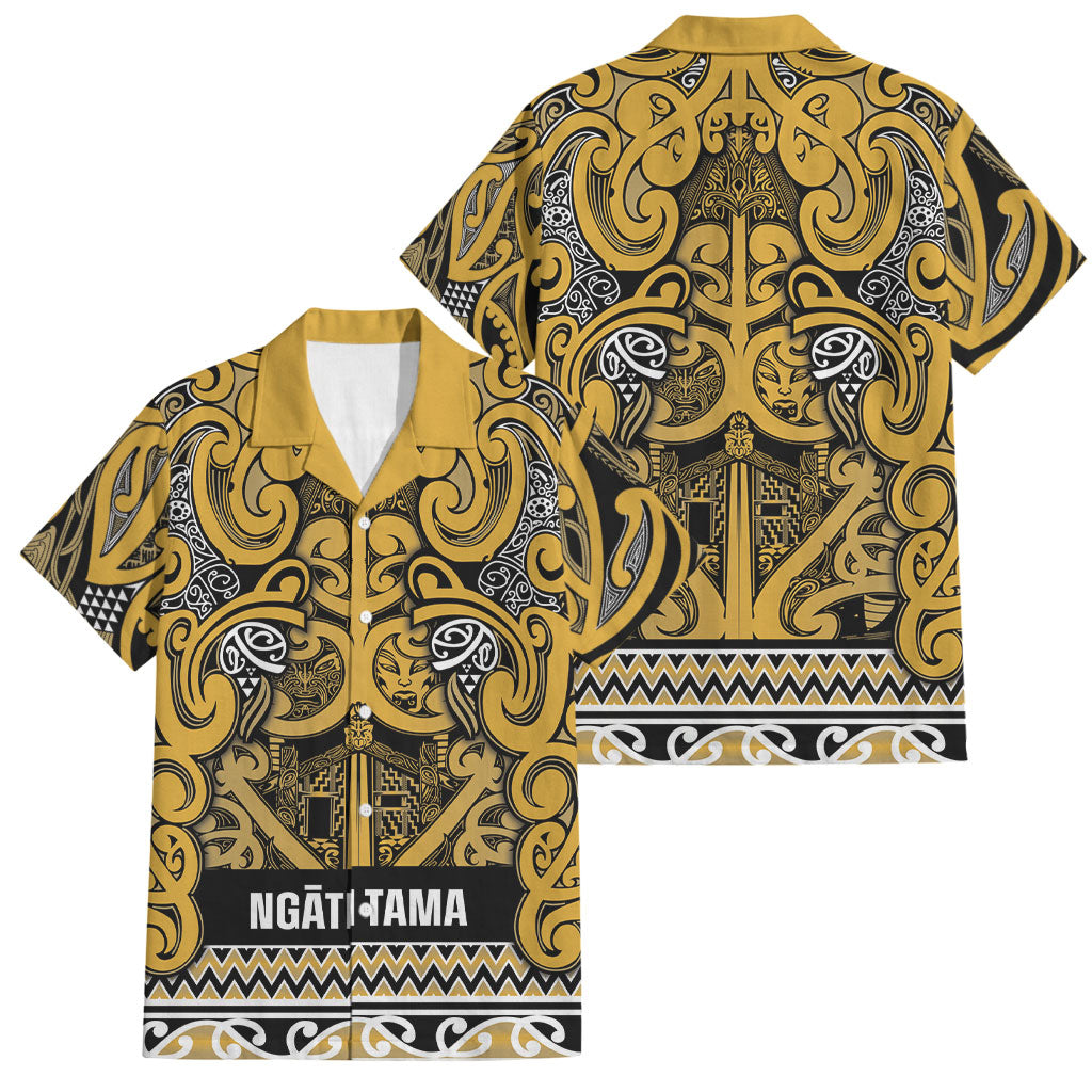 Aotearoa Iwi Ngāti Tama ki Te Waipounamu Trust Family Matching Short Sleeve Bodycon Dress and Hawaiian Shirt Maori Wharenui House Tribal Pattern LT9 Dad's Shirt - Short Sleeve Gold - Polynesian Pride