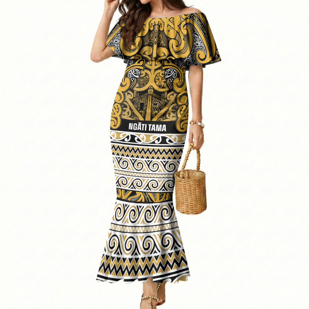 Aotearoa Iwi Ngāti Tama ki Te Waipounamu Trust Mermaid Dress Maori Wharenui House Tribal Pattern LT9 Women Gold - Polynesian Pride