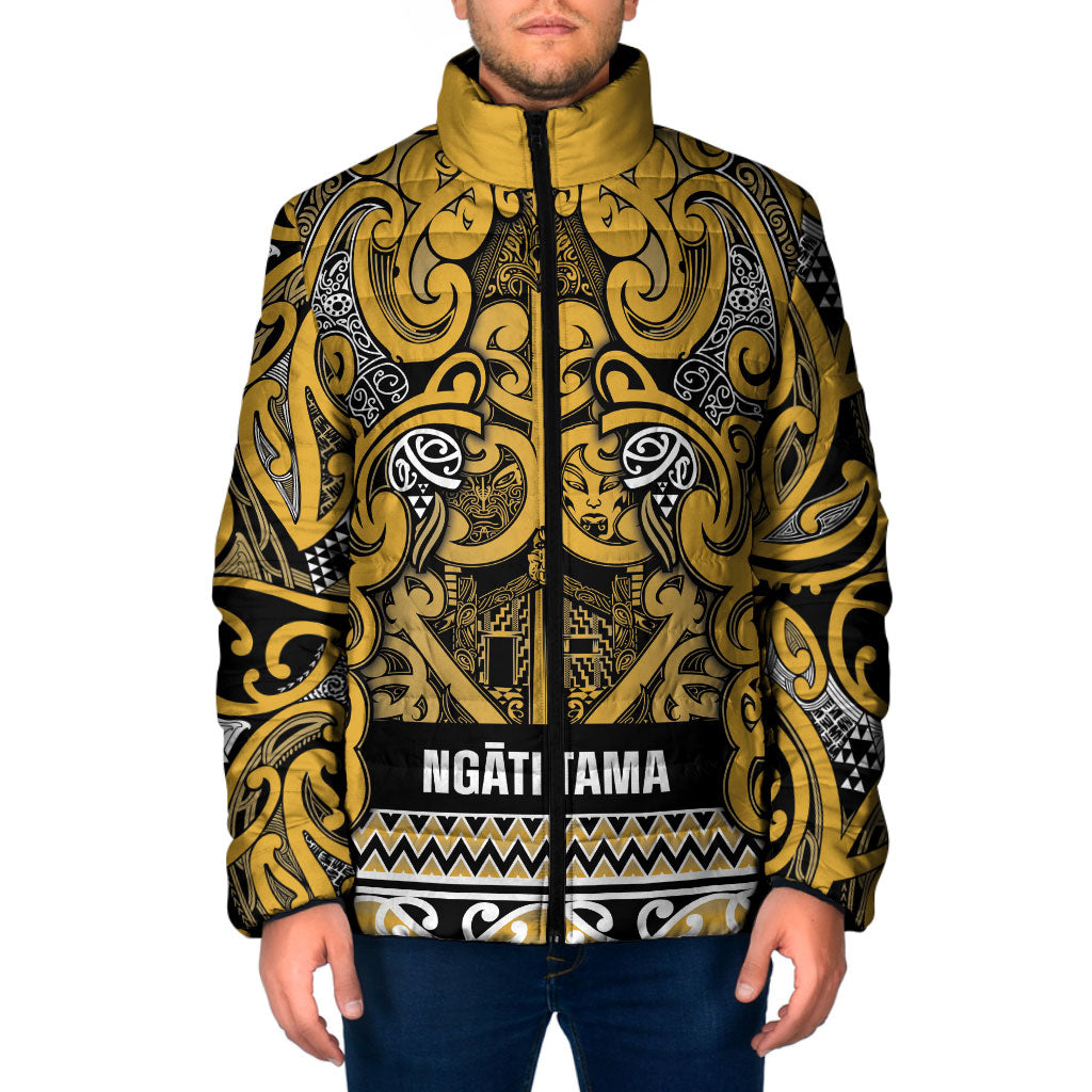 Aotearoa Iwi Ngāti Tama ki Te Waipounamu Trust Padded Jacket Maori Wharenui House Tribal Pattern LT9 Men Gold - Polynesian Pride