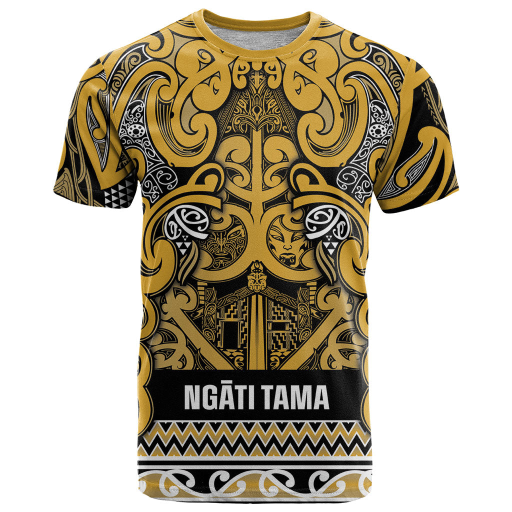 Aotearoa Iwi Ngāti Tama ki Te Waipounamu Trust T Shirt Maori Wharenui House Tribal Pattern LT9 Gold - Polynesian Pride