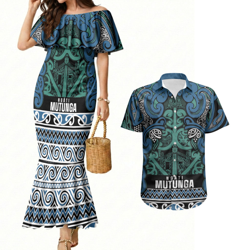 Aotearoa Iwi Ngati Mutunga Couples Matching Mermaid Dress and Hawaiian Shirt Maori Wharenui House Tribal Pattern LT9 Ocean Blue - Polynesian Pride