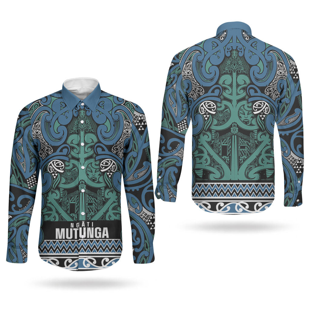 Aotearoa Iwi Ngati Mutunga Couples Matching Off The Shoulder Long Sleeve Dress and Long Sleeve Button Shirt Maori Wharenui House Tribal Pattern LT9 - Polynesian Pride