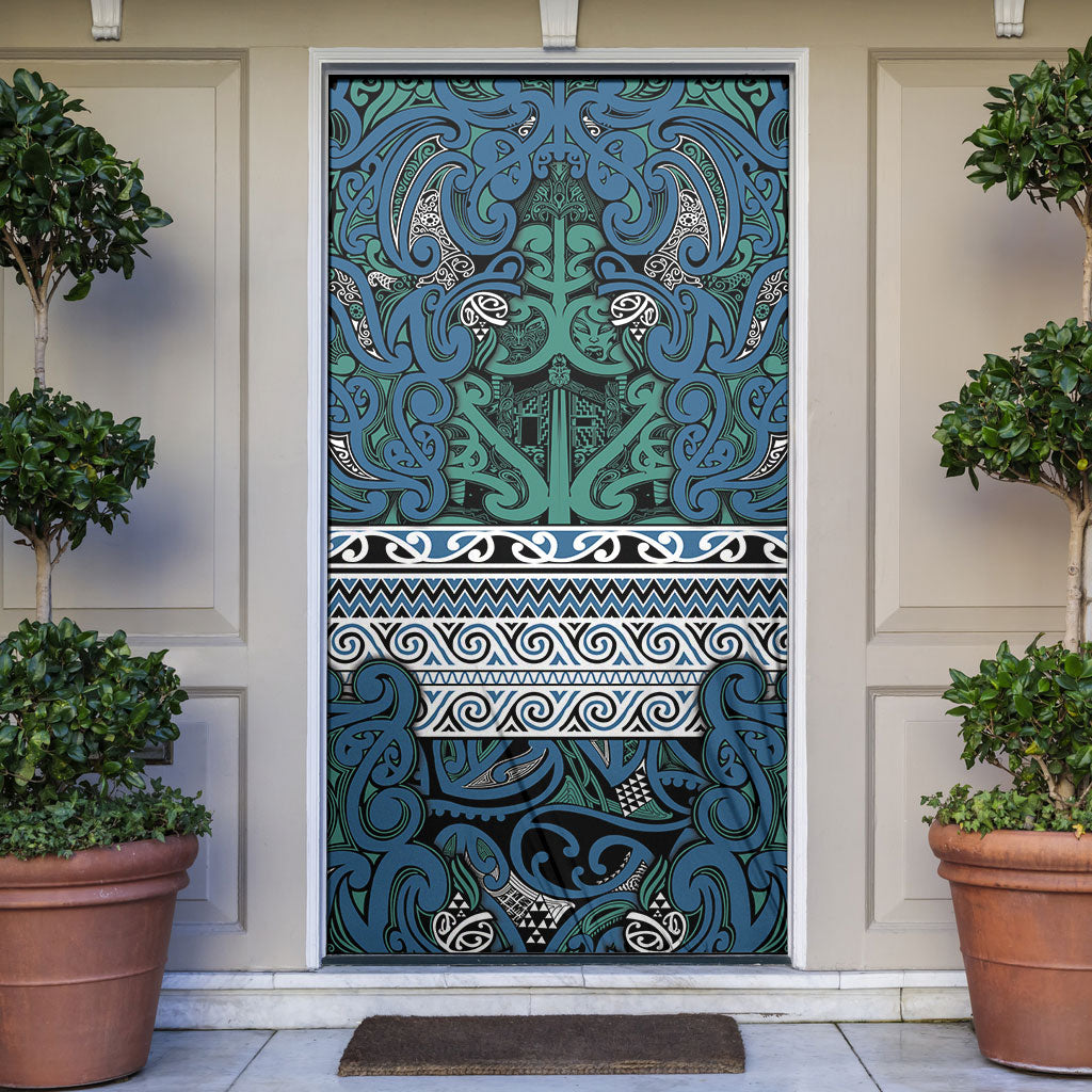 Aotearoa Iwi Ngati Mutunga Door Cover Maori Wharenui House Tribal Pattern LT9 Ocean Blue - Polynesian Pride