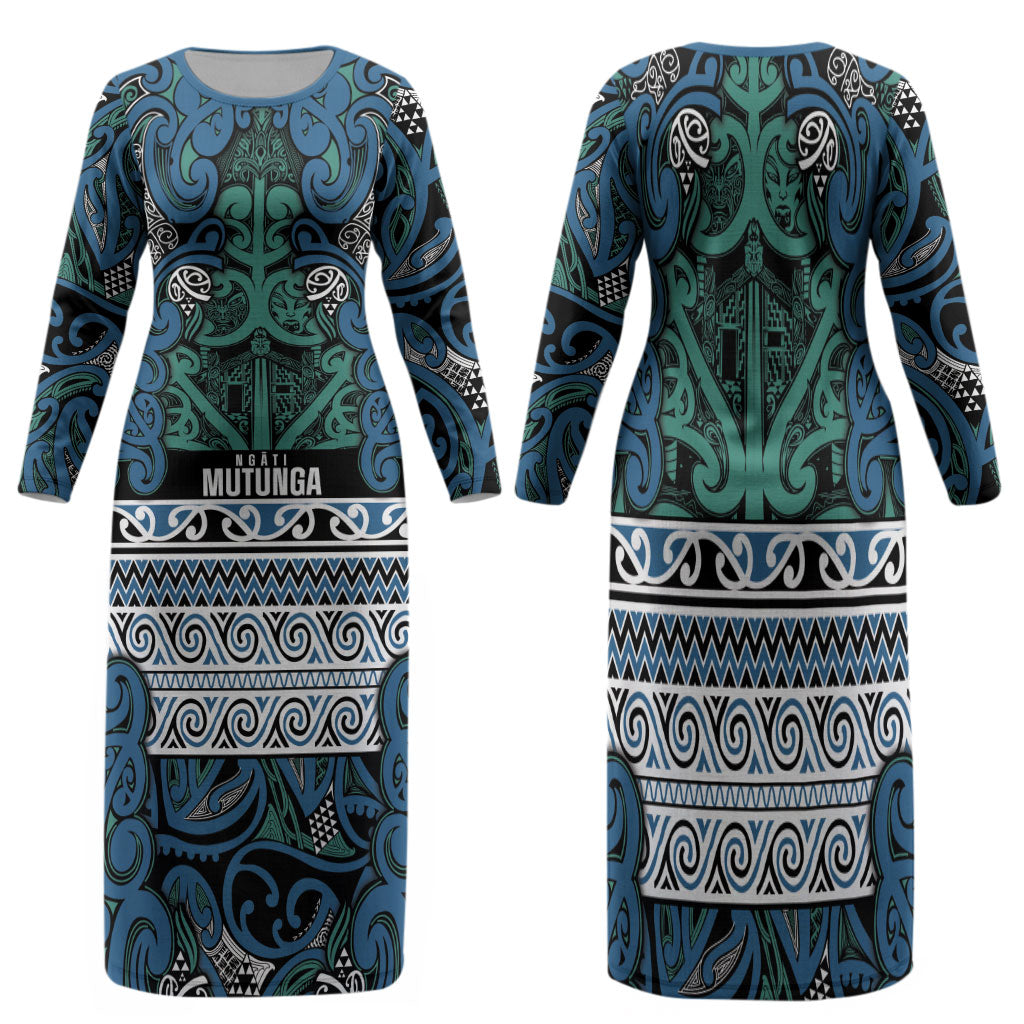Aotearoa Iwi Ngati Mutunga Family Matching Long Sleeve Bodycon Dress and Hawaiian Shirt Maori Wharenui House Tribal Pattern LT9 Mom's Dress Ocean Blue - Polynesian Pride