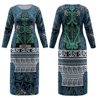 Aotearoa Iwi Ngati Mutunga Family Matching Long Sleeve Bodycon Dress and Hawaiian Shirt Maori Wharenui House Tribal Pattern LT9 Mom's Dress Ocean Blue - Polynesian Pride