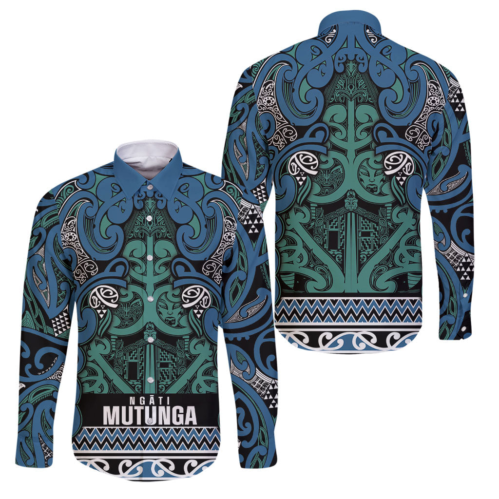 Aotearoa Iwi Ngati Mutunga Family Matching Long Sleeve Bodycon Dress and Hawaiian Shirt Maori Wharenui House Tribal Pattern LT9 Dad's Shirt - Long Sleeve Ocean Blue - Polynesian Pride