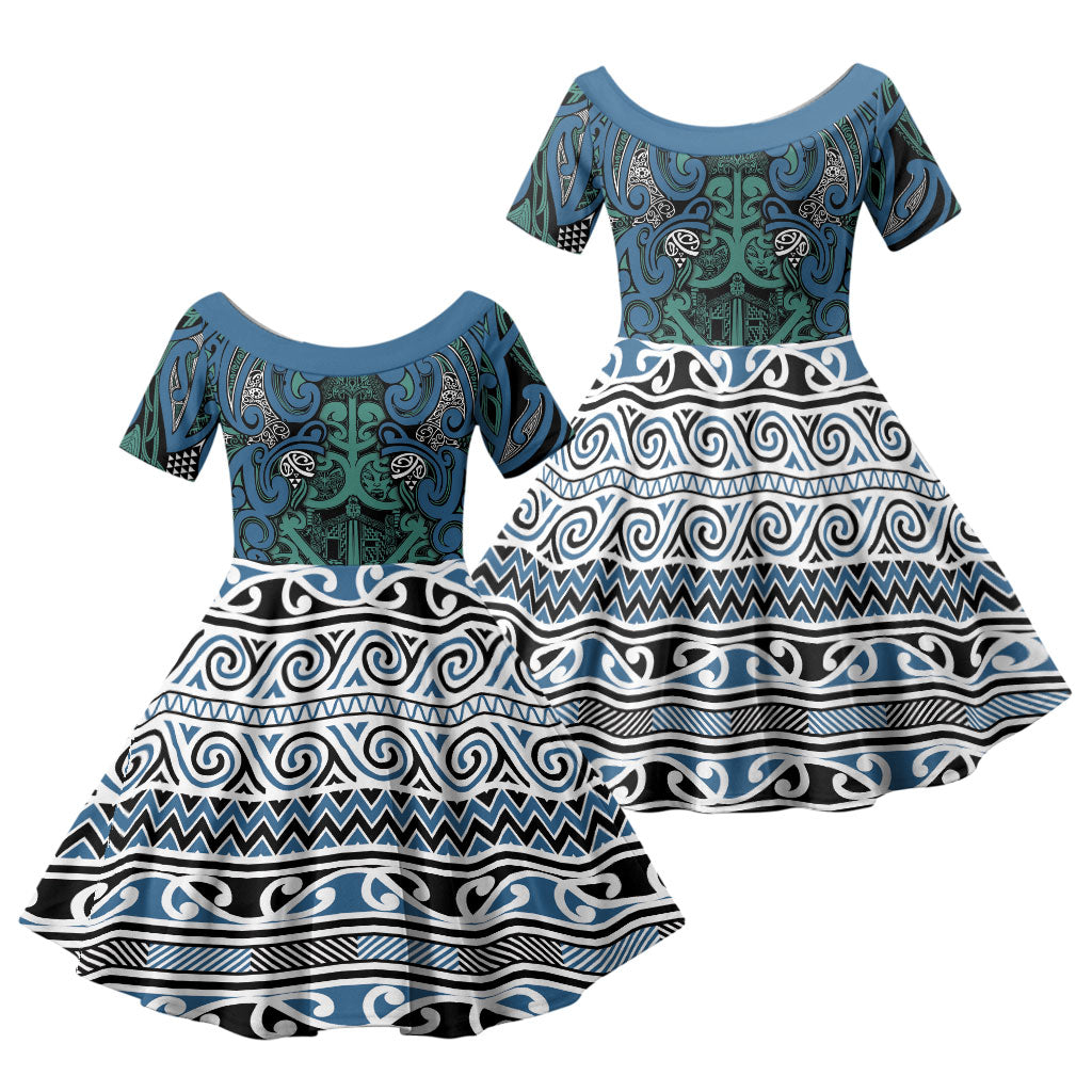 Aotearoa Iwi Ngati Mutunga Family Matching Long Sleeve Bodycon Dress and Hawaiian Shirt Maori Wharenui House Tribal Pattern LT9 Daughter's Dress Ocean Blue - Polynesian Pride