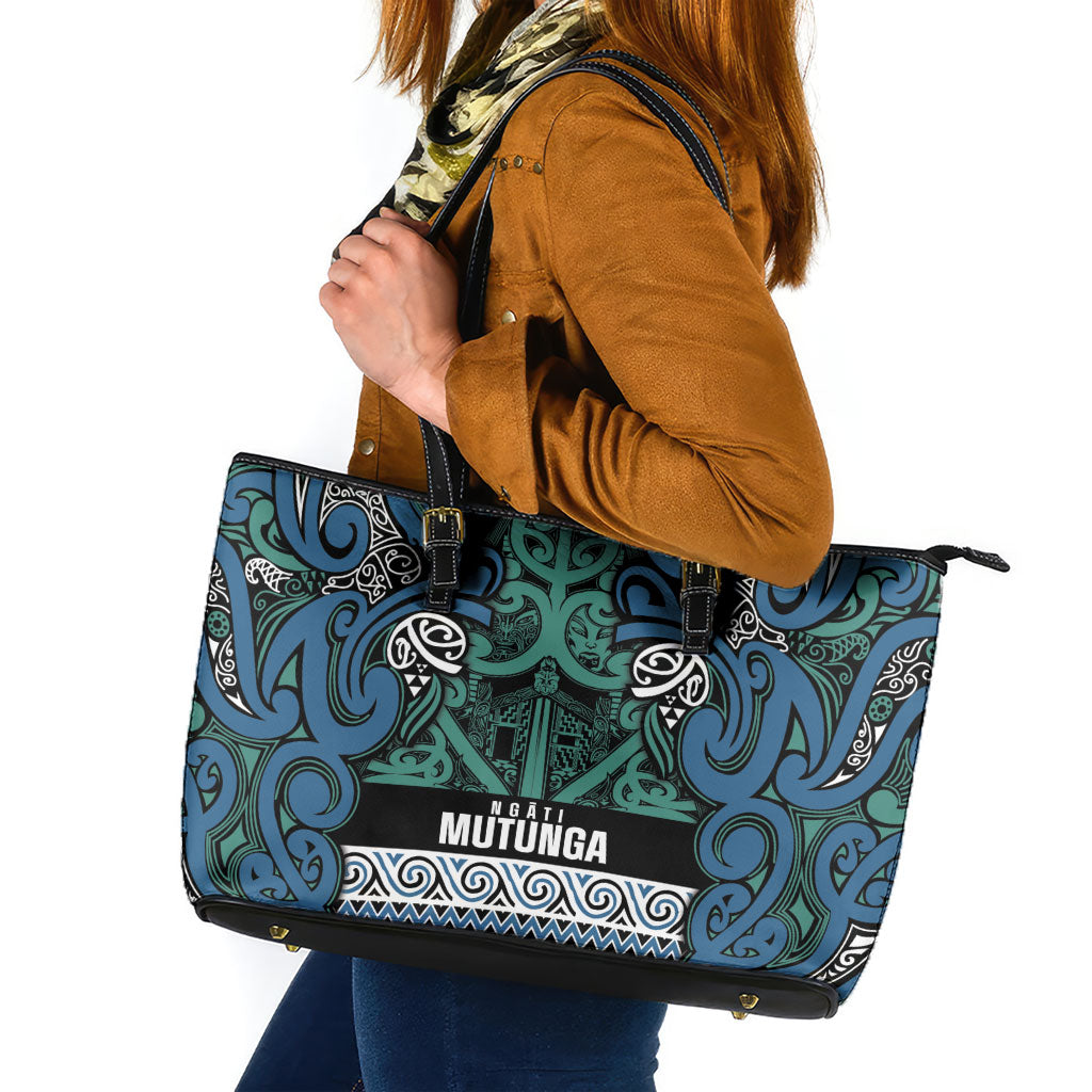 Aotearoa Iwi Ngati Mutunga Leather Tote Bag Maori Wharenui House Tribal Pattern LT9 Ocean Blue - Polynesian Pride