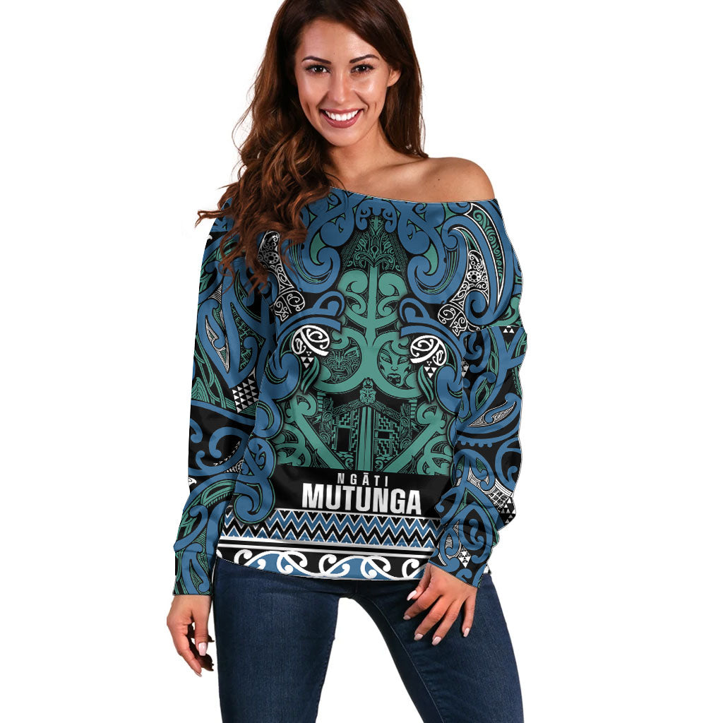Aotearoa Iwi Ngati Mutunga Off Shoulder Sweater Maori Wharenui House Tribal Pattern LT9 Women Ocean Blue - Polynesian Pride