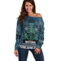 Aotearoa Iwi Ngati Mutunga Off Shoulder Sweater Maori Wharenui House Tribal Pattern LT9 Women Ocean Blue - Polynesian Pride