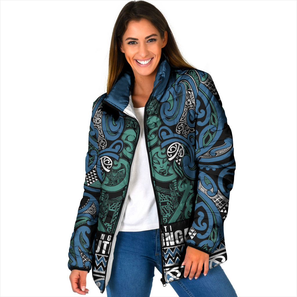 Aotearoa Iwi Ngati Mutunga Padded Jacket Maori Wharenui House Tribal Pattern LT9 Women Ocean Blue - Polynesian Pride