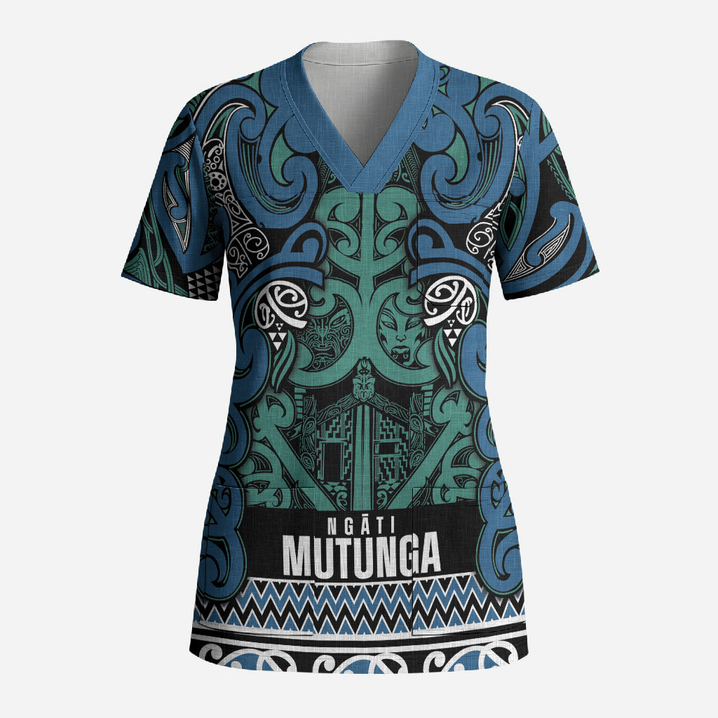 Aotearoa Iwi Ngati Mutunga Scrub Top Maori Wharenui House Tribal Pattern LT9 Adult Ocean Blue - Polynesian Pride