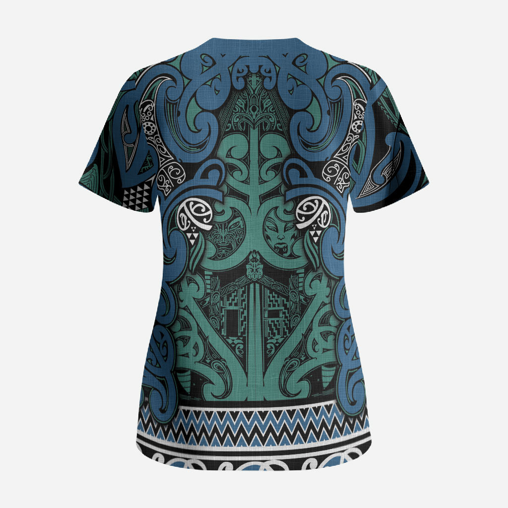 Aotearoa Iwi Ngati Mutunga Scrub Top Maori Wharenui House Tribal Pattern LT9 - Polynesian Pride