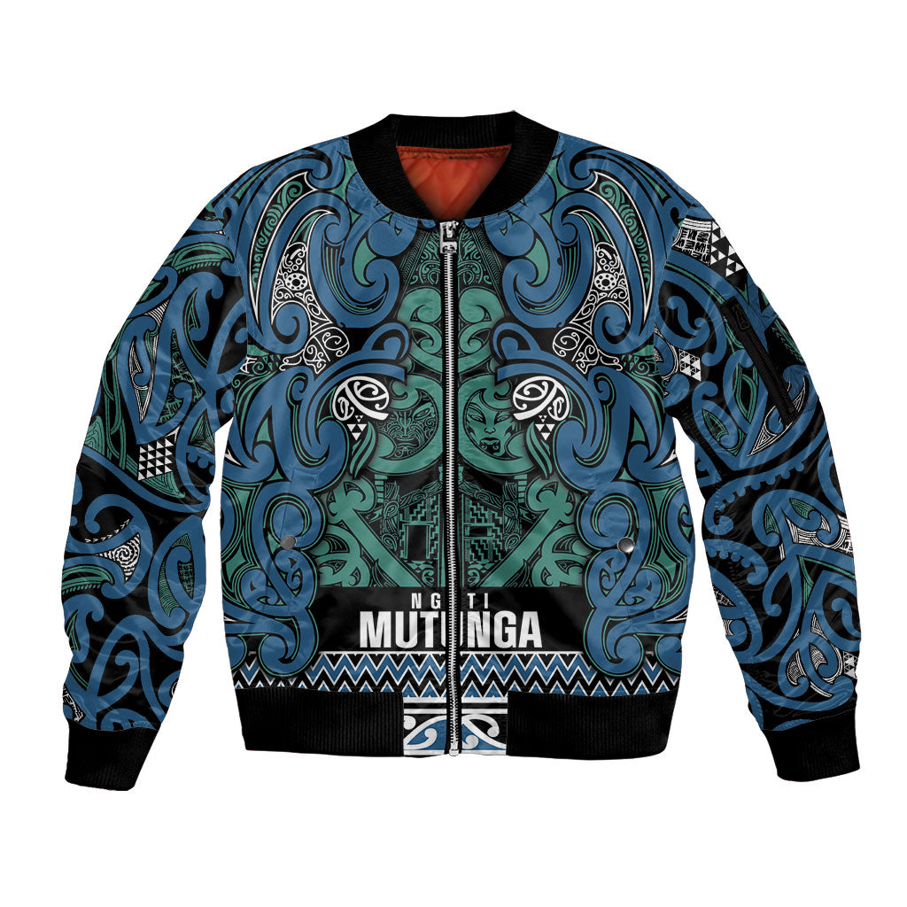 Aotearoa Iwi Ngati Mutunga Sleeve Zip Bomber Jacket Maori Wharenui House Tribal Pattern LT9 Unisex Ocean Blue - Polynesian Pride