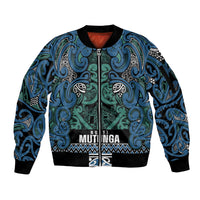 Aotearoa Iwi Ngati Mutunga Sleeve Zip Bomber Jacket Maori Wharenui House Tribal Pattern LT9 Unisex Ocean Blue - Polynesian Pride