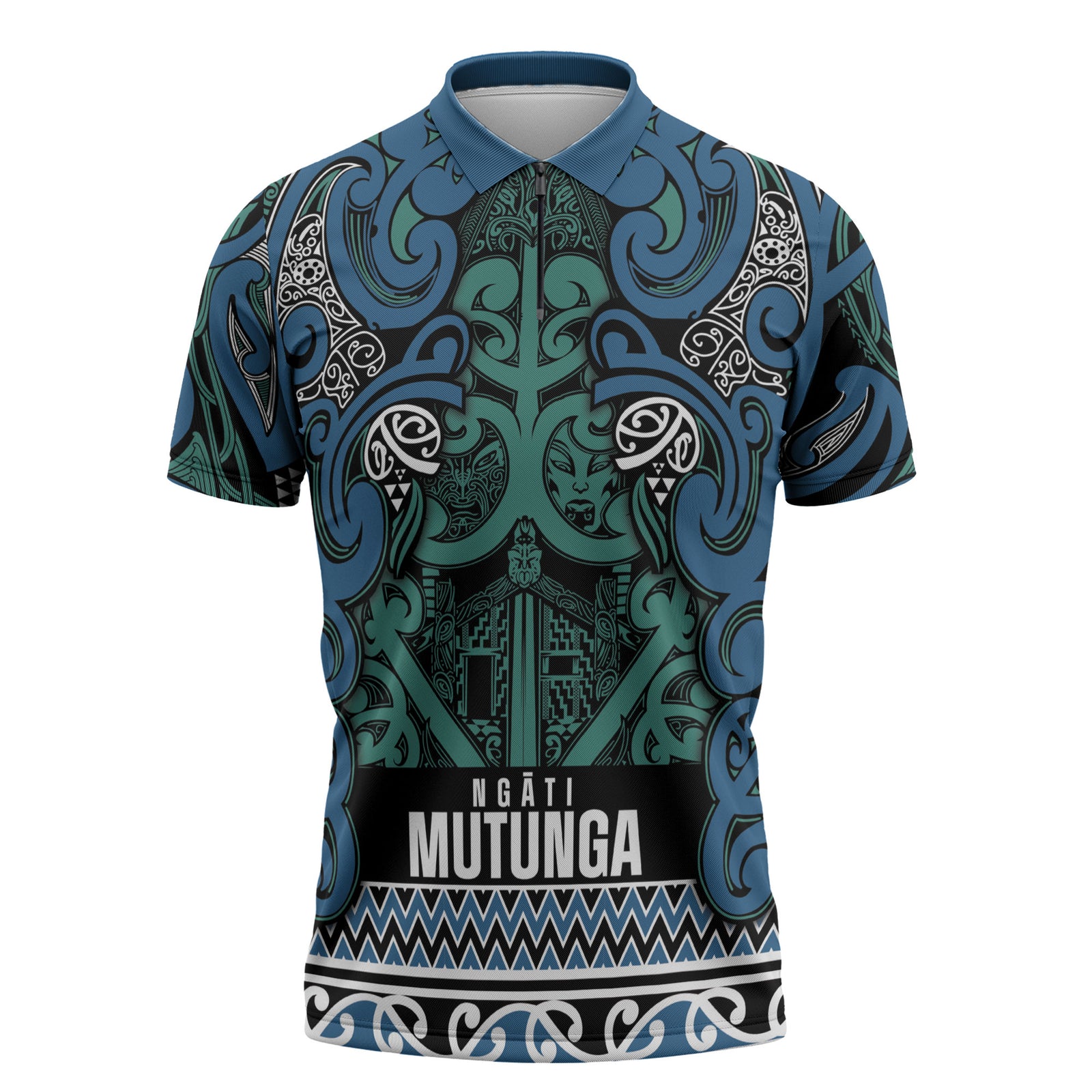 Aotearoa Iwi Ngati Mutunga Zipper Polo Shirt Maori Wharenui House Tribal Pattern LT9 Ocean Blue - Polynesian Pride