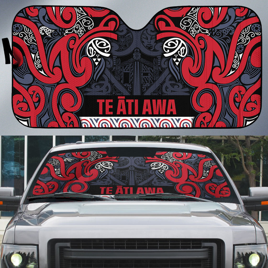 Aotearoa Iwi Te ati Awa Auto Sun Shade Maori Wharenui House Tribal Pattern LT9 Bright Red - Polynesian Pride