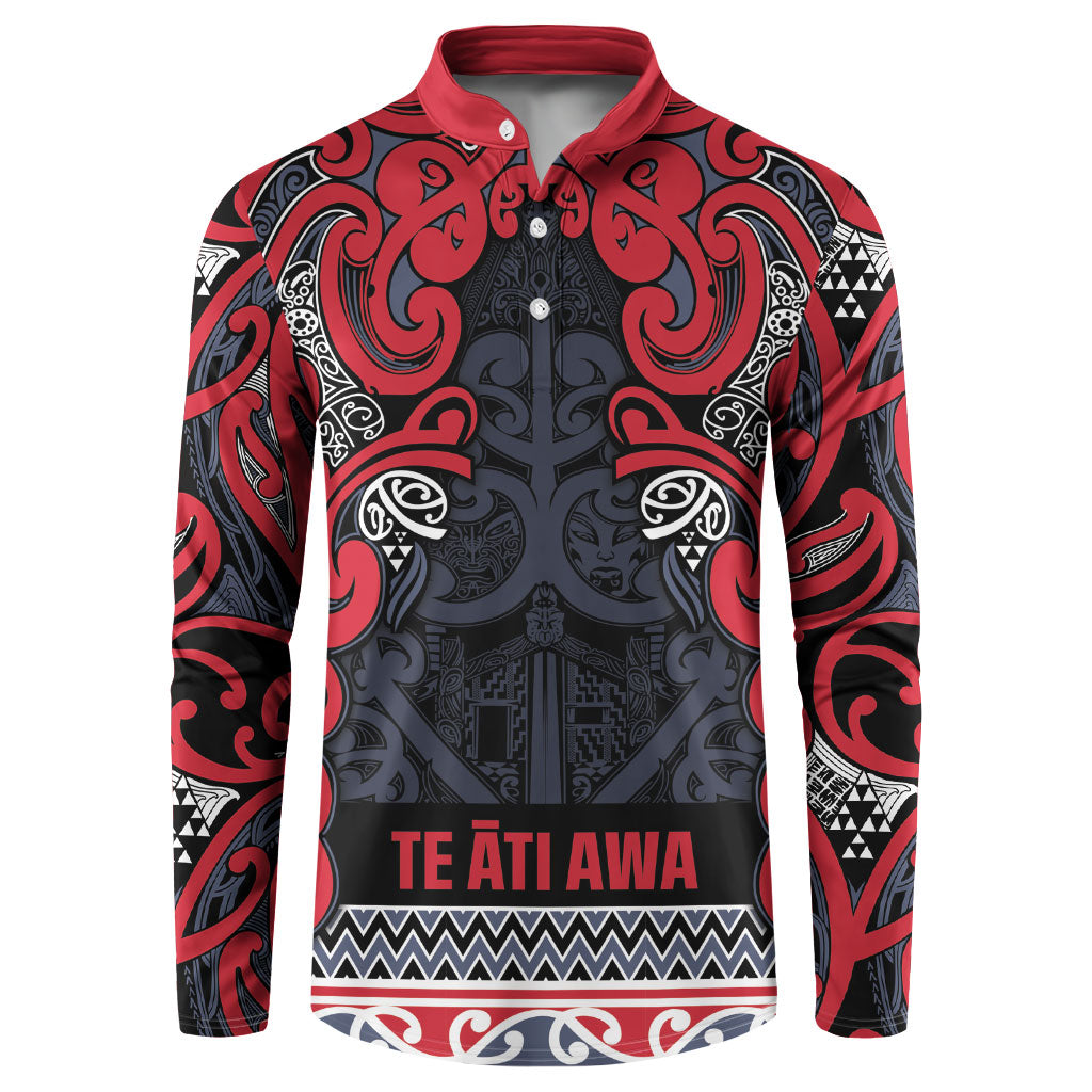 Aotearoa Iwi Te ati Awa Button Sweatshirt Maori Wharenui House Tribal Pattern LT9 Bright Red - Polynesian Pride