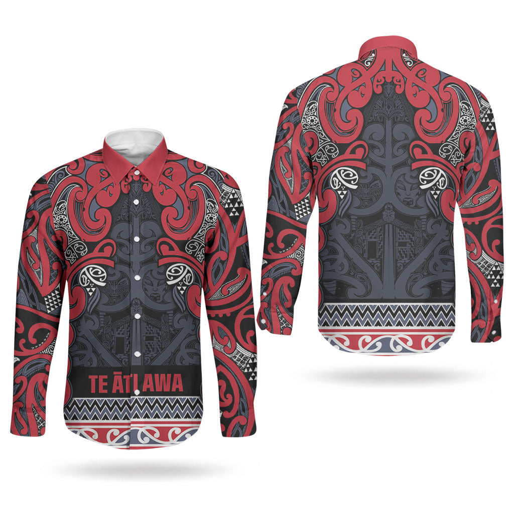 Aotearoa Iwi Te ati Awa Couples Matching Long Sleeve Bodycon Dress and Long Sleeve Button Shirt Maori Wharenui House Tribal Pattern LT9 - Polynesian Pride