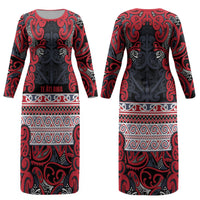 Aotearoa Iwi Te ati Awa Couples Matching Long Sleeve Bodycon Dress and Long Sleeve Button Shirt Maori Wharenui House Tribal Pattern LT9 - Polynesian Pride