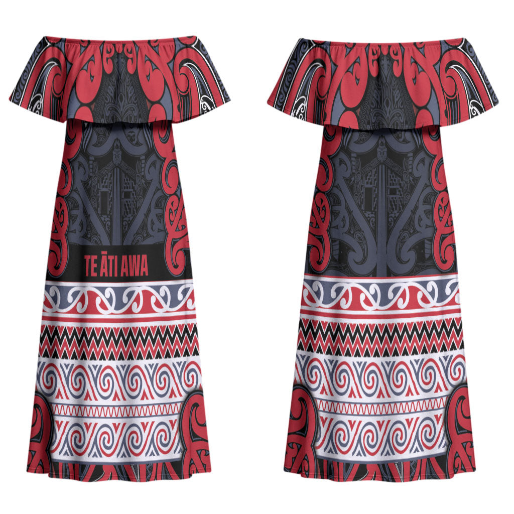 Aotearoa Iwi Te ati Awa Couples Matching Off Shoulder Maxi Dress and Hawaiian Shirt Maori Wharenui House Tribal Pattern LT9 - Polynesian Pride