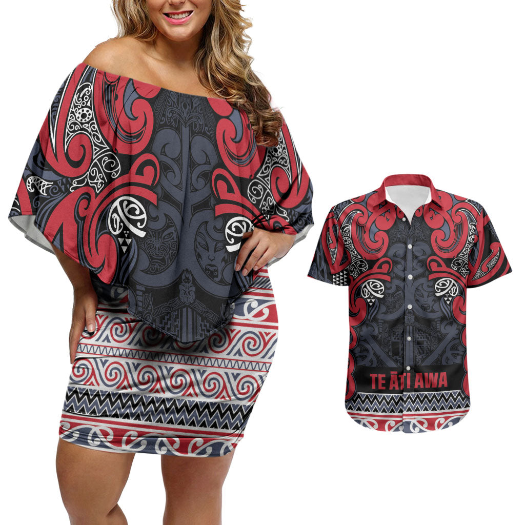 Aotearoa Iwi Te ati Awa Couples Matching Off Shoulder Short Dress and Hawaiian Shirt Maori Wharenui House Tribal Pattern LT9 Bright Red - Polynesian Pride