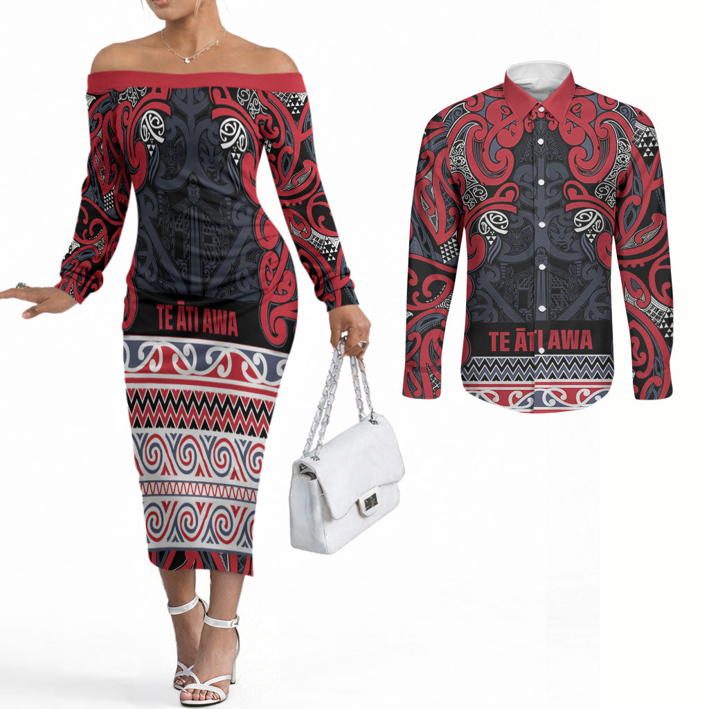 Aotearoa Iwi Te ati Awa Couples Matching Off The Shoulder Long Sleeve Dress and Long Sleeve Button Shirt Maori Wharenui House Tribal Pattern LT9 Bright Red - Polynesian Pride