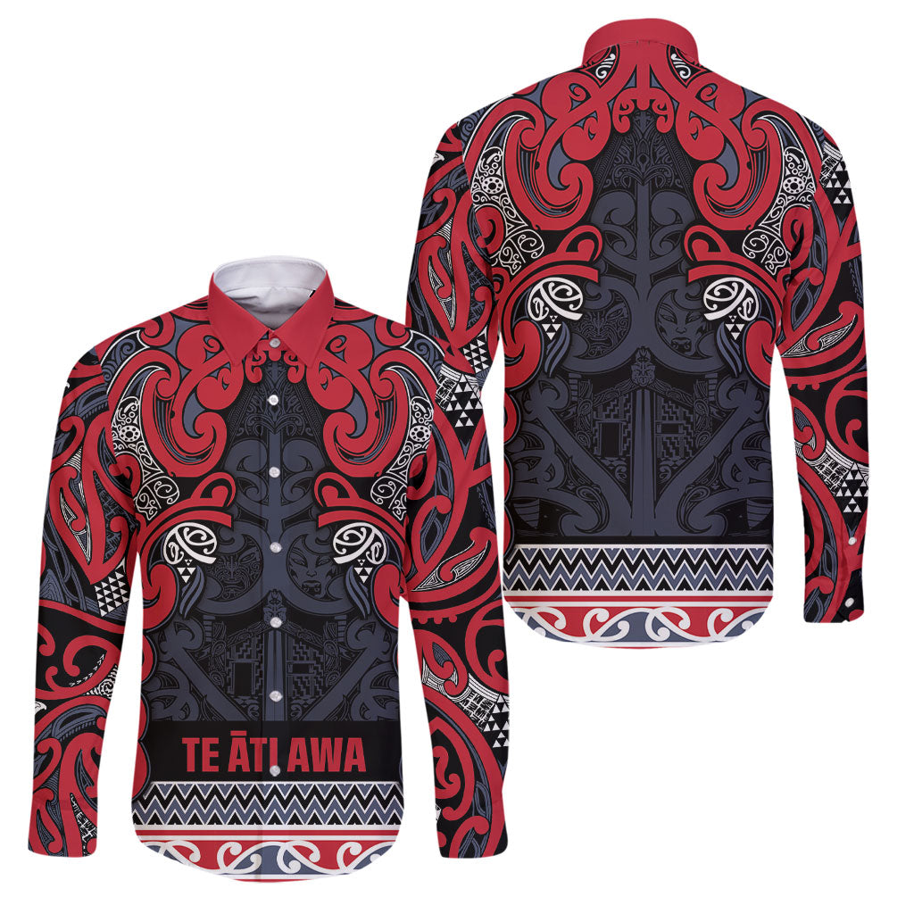 Aotearoa Iwi Te ati Awa Family Matching Mermaid Dress and Hawaiian Shirt Maori Wharenui House Tribal Pattern LT9 Dad's Shirt - Long Sleeve Bright Red - Polynesian Pride