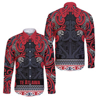 Aotearoa Iwi Te ati Awa Family Matching Tank Maxi Dress and Hawaiian Shirt Maori Wharenui House Tribal Pattern LT9 Dad's Shirt - Long Sleeve Bright Red - Polynesian Pride