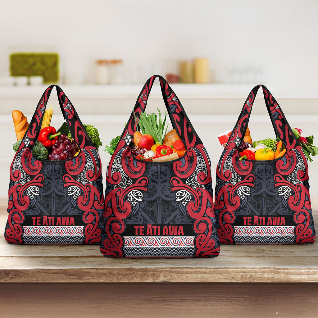 Aotearoa Iwi Te ati Awa Grocery Bag Maori Wharenui House Tribal Pattern LT9 3-pack One Size Bright Red - Polynesian Pride