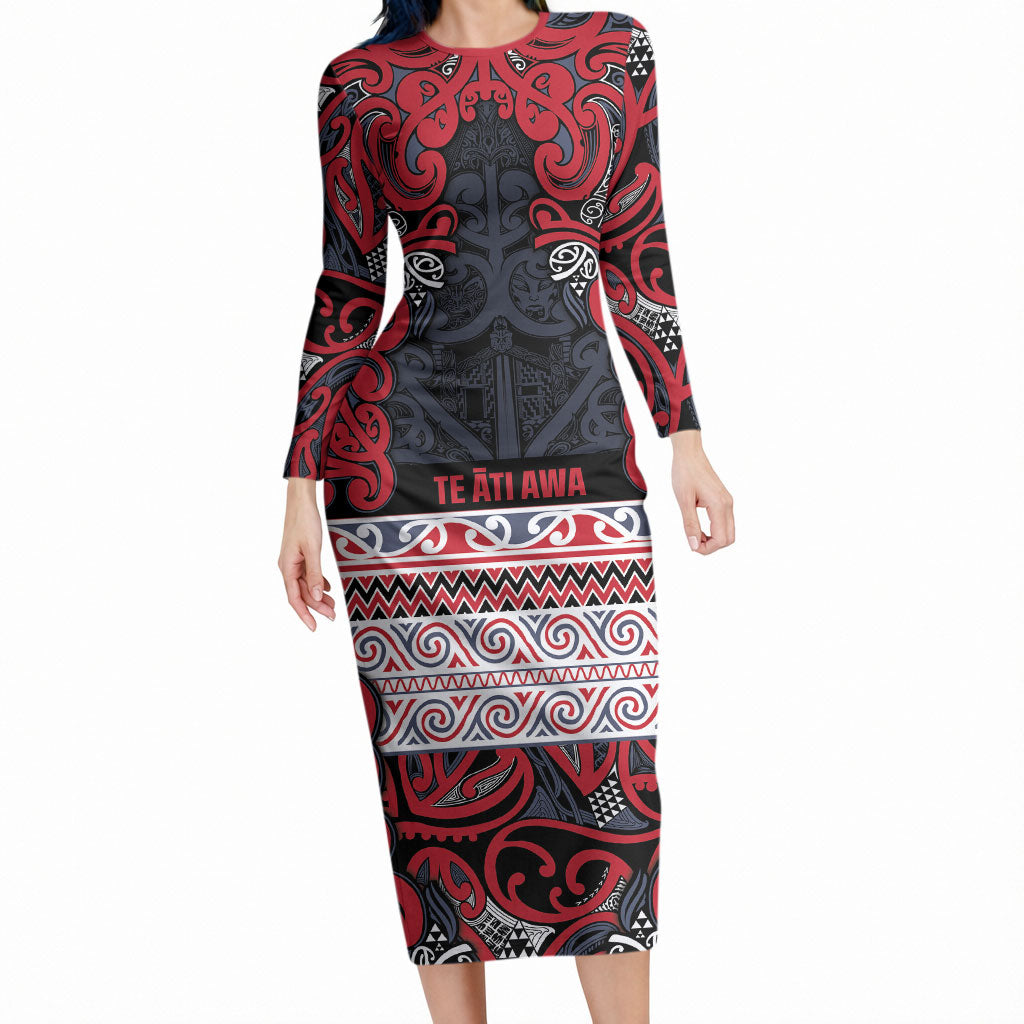 Aotearoa Iwi Te ati Awa Long Sleeve Bodycon Dress Maori Wharenui House Tribal Pattern LT9 Long Dress Bright Red - Polynesian Pride