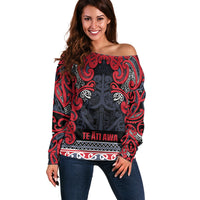 Aotearoa Iwi Te ati Awa Off Shoulder Sweater Maori Wharenui House Tribal Pattern LT9 Women Bright Red - Polynesian Pride