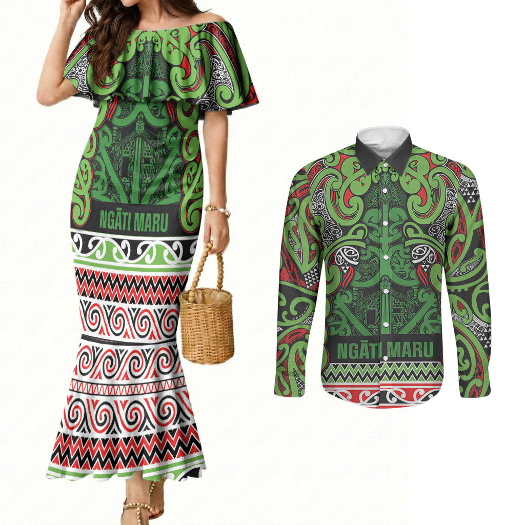 Aotearoa Iwi Ngati Maru Hauraki Couples Matching Mermaid Dress and Long Sleeve Button Shirt Maori Wharenui House Tribal Pattern LT9 Green Red - Polynesian Pride
