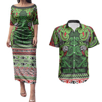 Aotearoa Iwi Ngati Maru Hauraki Couples Matching Puletasi and Hawaiian Shirt Maori Wharenui House Tribal Pattern LT9 Green Red - Polynesian Pride