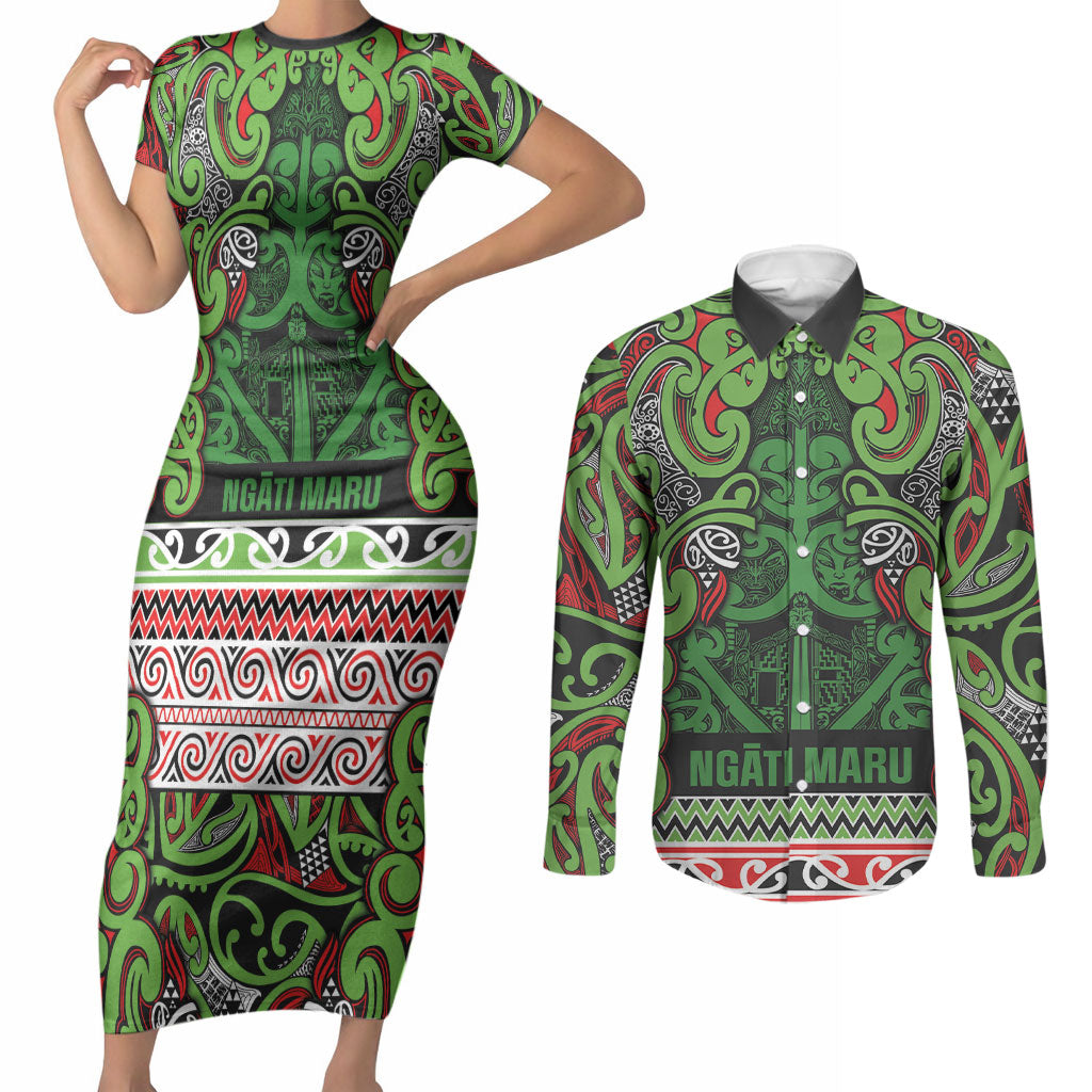 Aotearoa Iwi Ngati Maru Hauraki Couples Matching Short Sleeve Bodycon Dress and Long Sleeve Button Shirt Maori Wharenui House Tribal Pattern LT9 Green Red - Polynesian Pride