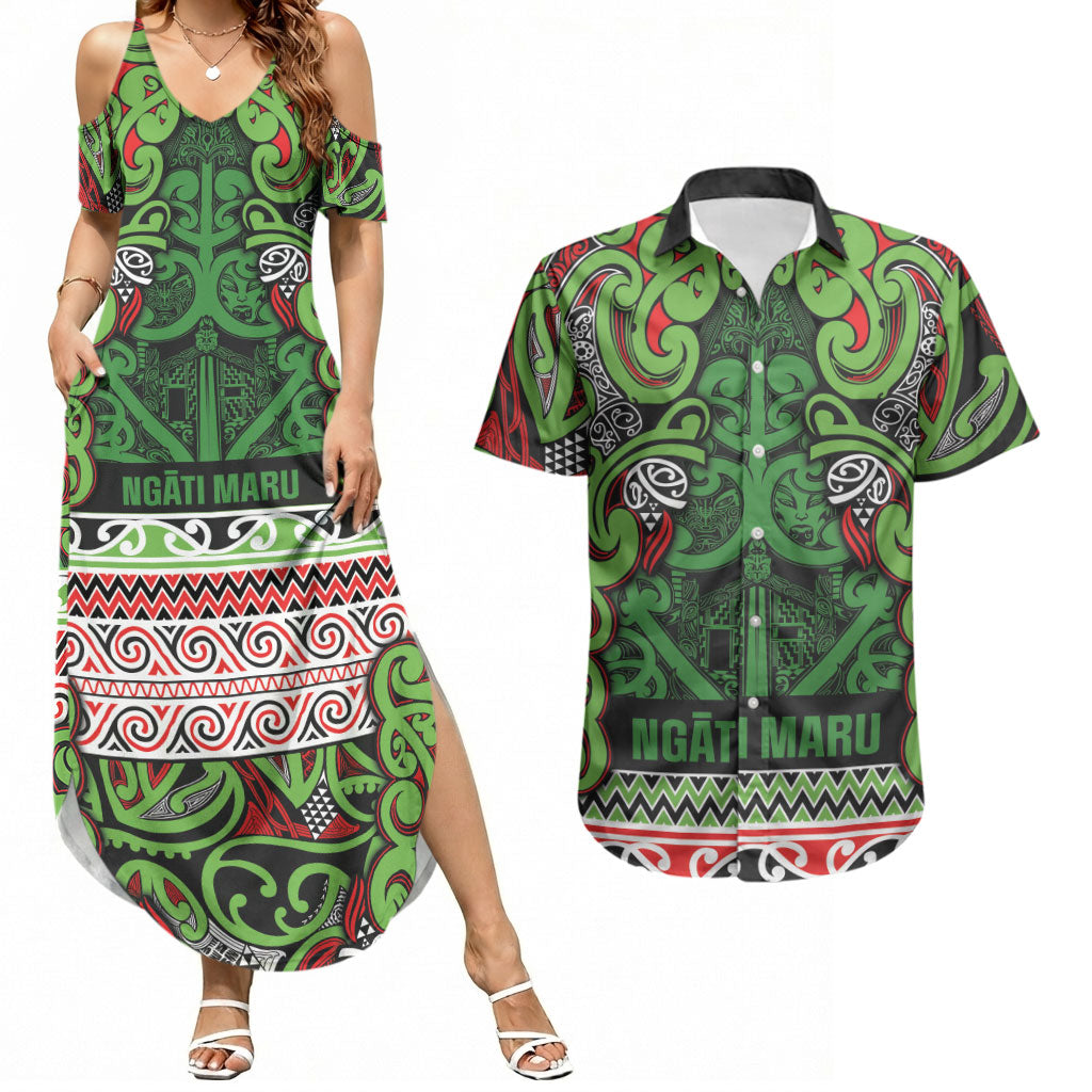 Aotearoa Iwi Ngati Maru Hauraki Couples Matching Summer Maxi Dress and Hawaiian Shirt Maori Wharenui House Tribal Pattern LT9 Green Red - Polynesian Pride
