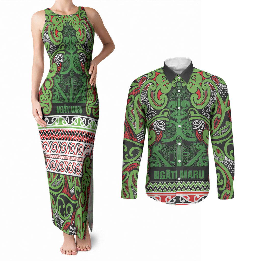 Aotearoa Iwi Ngati Maru Hauraki Couples Matching Tank Maxi Dress and Long Sleeve Button Shirt Maori Wharenui House Tribal Pattern LT9 Green Red - Polynesian Pride