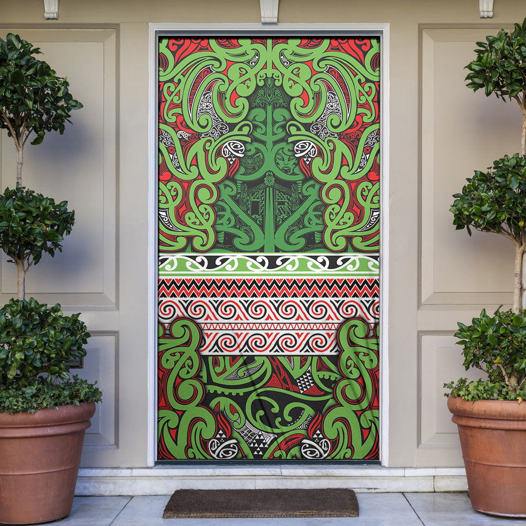 Aotearoa Iwi Ngati Maru Hauraki Door Cover Maori Wharenui House Tribal Pattern LT9 Green Red - Polynesian Pride