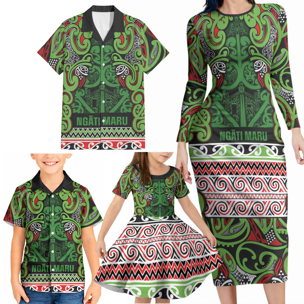 Aotearoa Iwi Ngati Maru Hauraki Family Matching Long Sleeve Bodycon Dress and Hawaiian Shirt Maori Wharenui House Tribal Pattern LT9 - Polynesian Pride