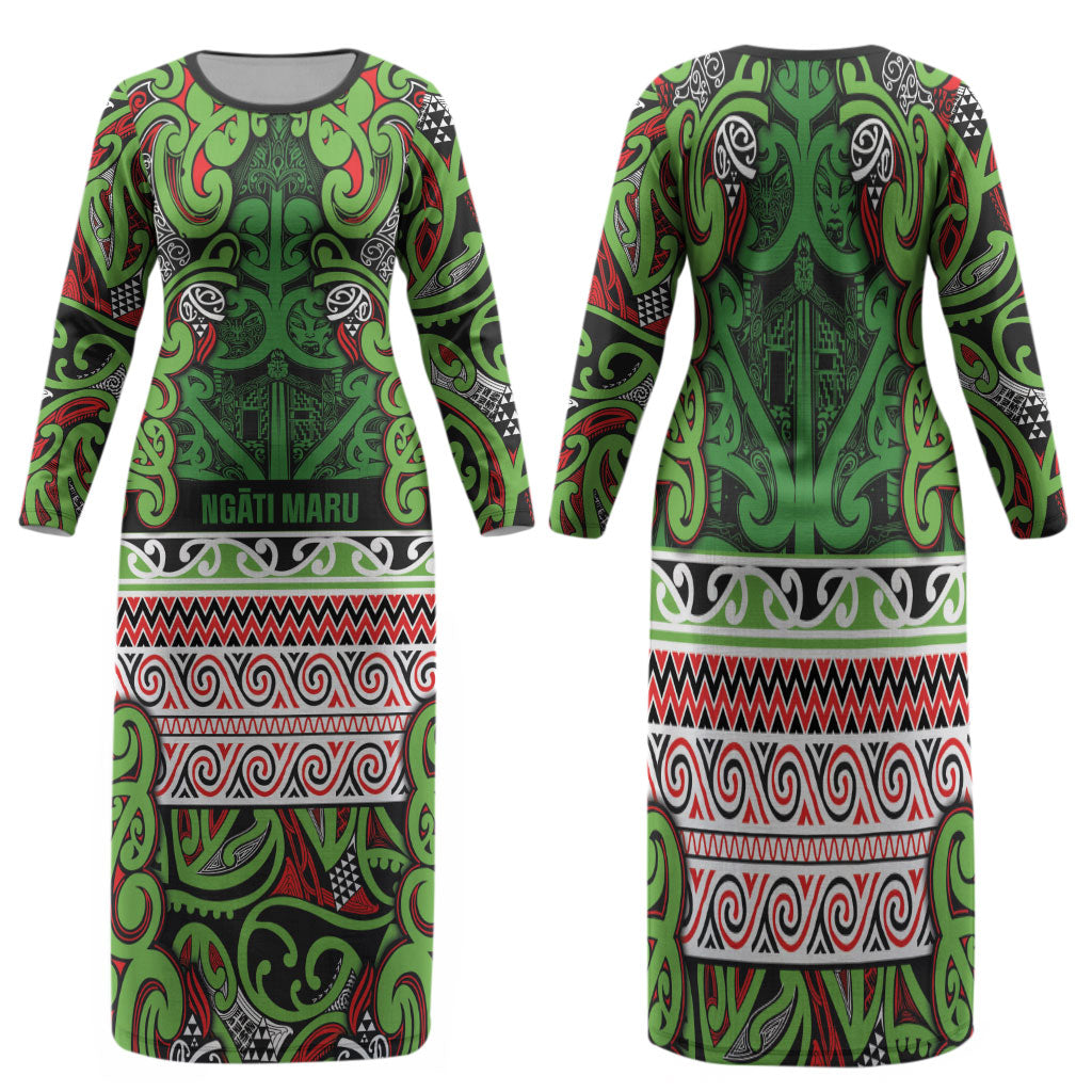 Aotearoa Iwi Ngati Maru Hauraki Family Matching Long Sleeve Bodycon Dress and Hawaiian Shirt Maori Wharenui House Tribal Pattern LT9 Mom's Dress Green Red - Polynesian Pride