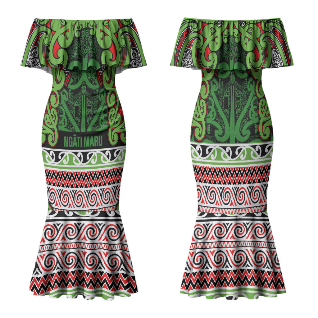 Aotearoa Iwi Ngati Maru Hauraki Family Matching Mermaid Dress and Hawaiian Shirt Maori Wharenui House Tribal Pattern LT9 Mom's Dress Green Red - Polynesian Pride