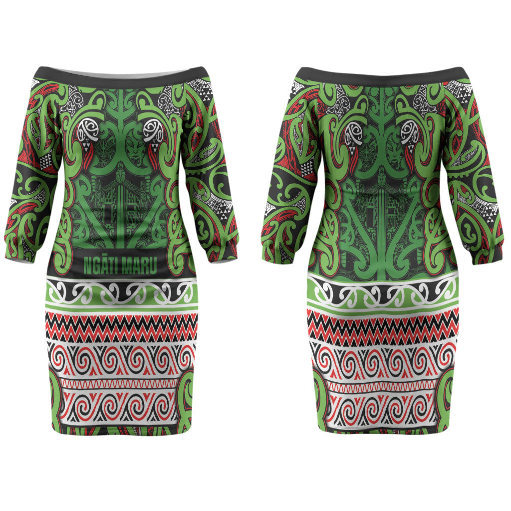 Aotearoa Iwi Ngati Maru Hauraki Family Matching Off The Shoulder Long Sleeve Dress and Hawaiian Shirt Maori Wharenui House Tribal Pattern LT9 Mom's Dress Green Red - Polynesian Pride